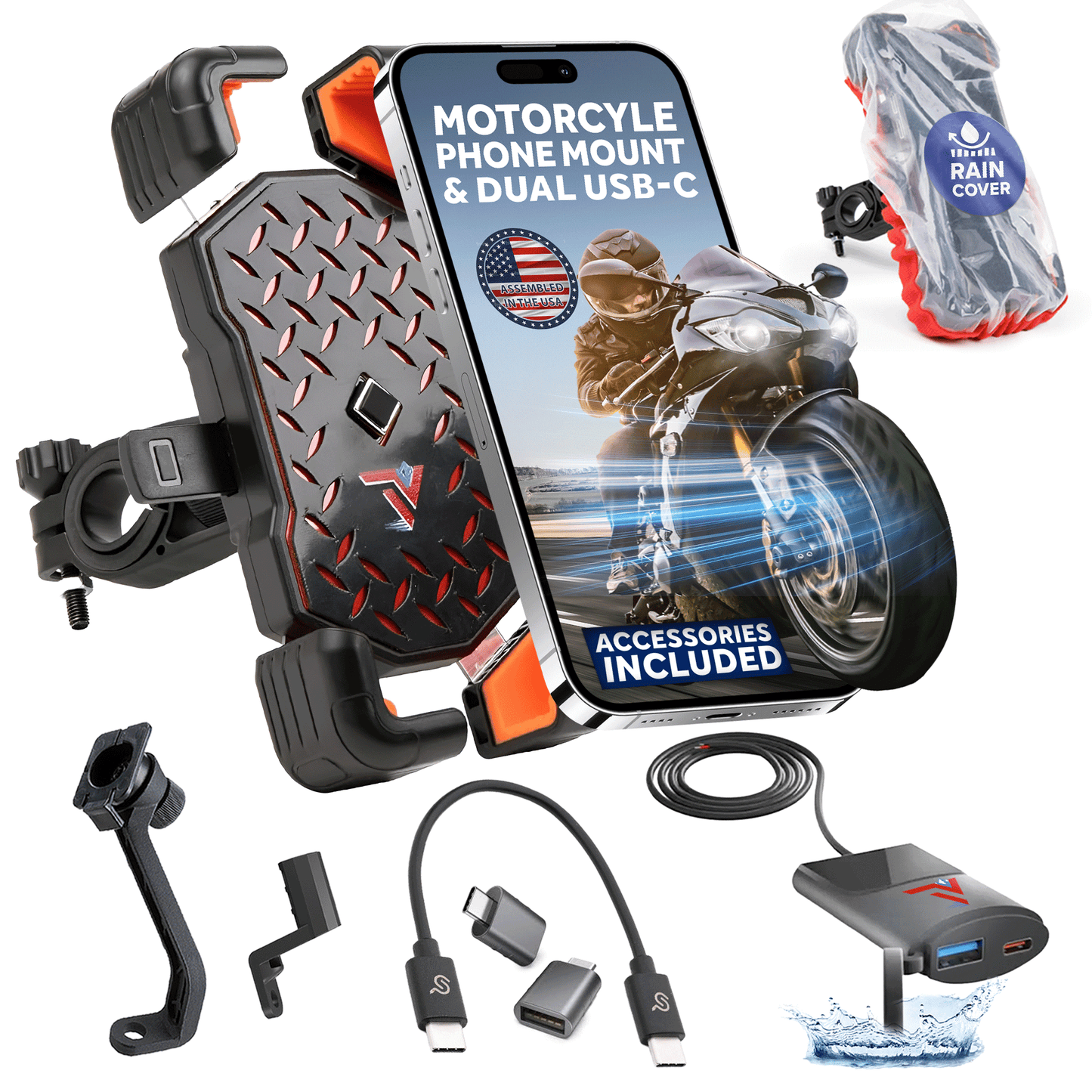 Diamond Plate Style Cell Phone Mount with Rapid USB-C Motorcycle Device Charger