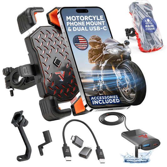Diamond Plate Style Cell Phone Mount with Rapid USB-C Motorcycle Device Charger