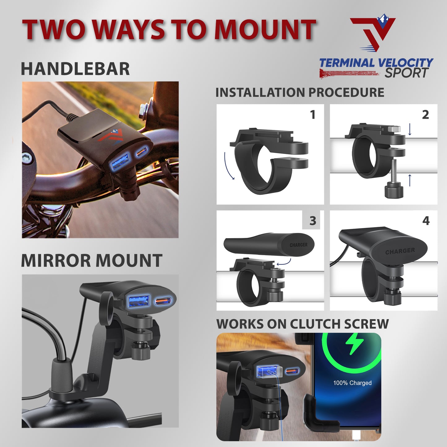 Dual Motorcycle Rapid Charging Port  Mounting options