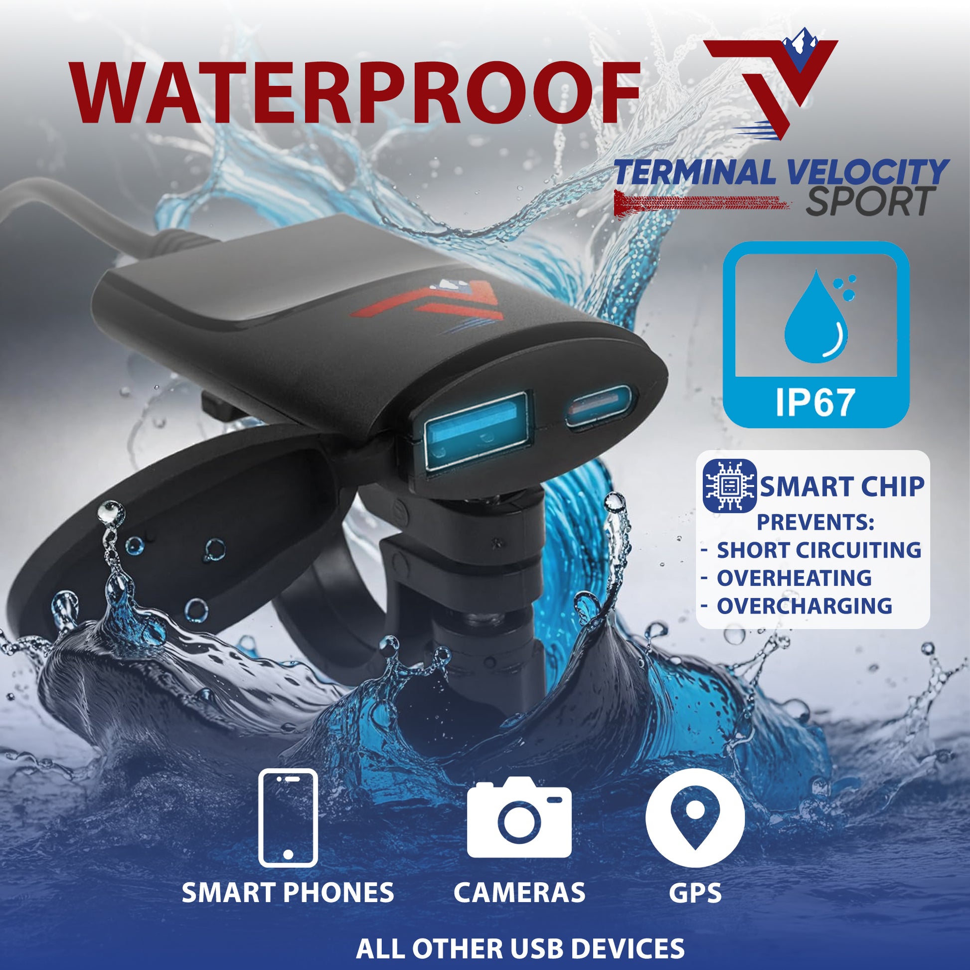The Terminal Velocity Sport Dual USB is IP-67 Waterproof