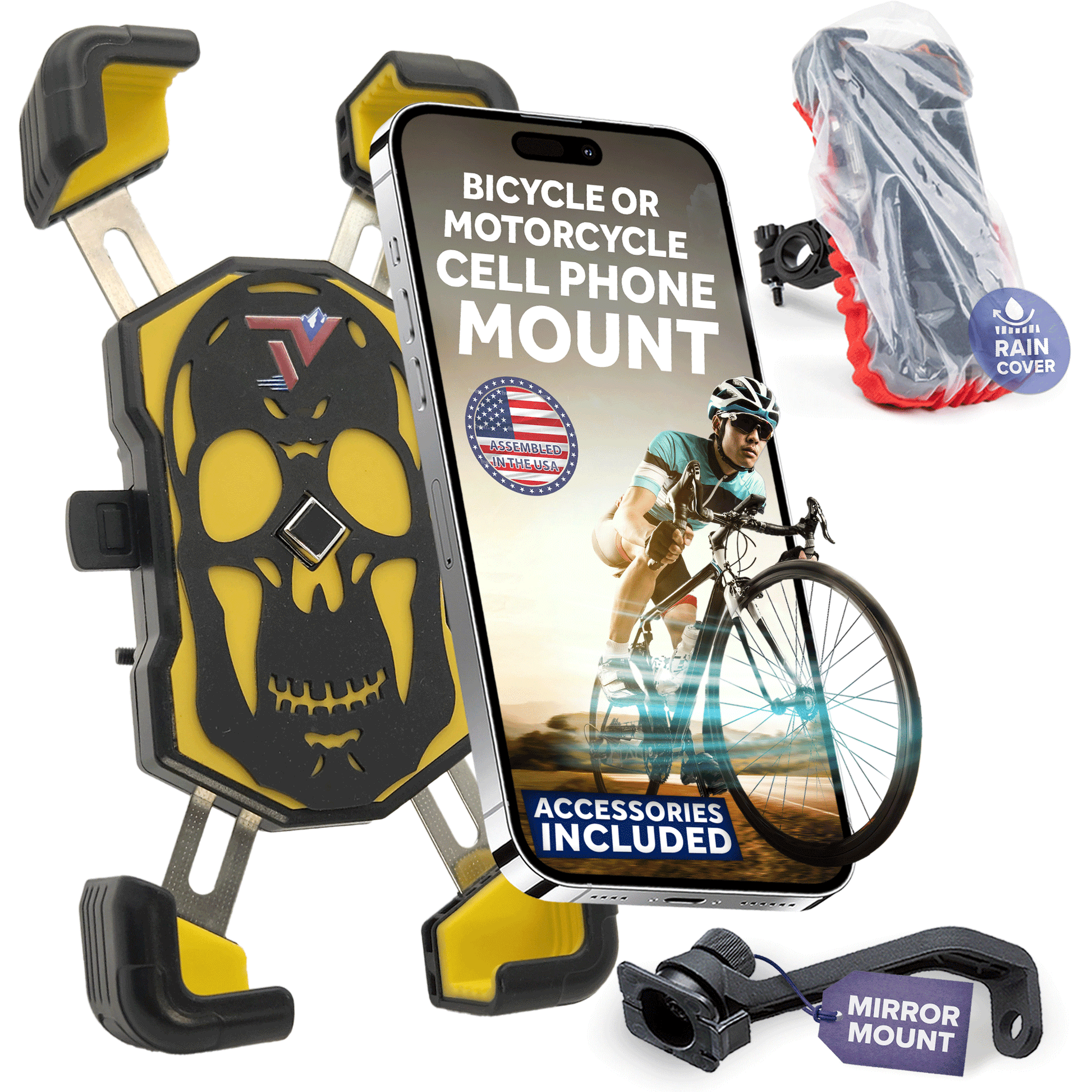 smartphone mount fits Motorcycle, bicycles, e-bikes, ATV, scooters, and strollers.